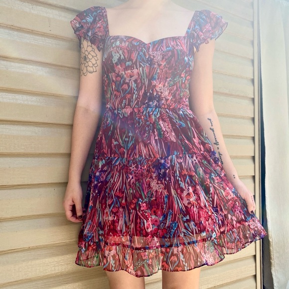 Amanda Uprichard Mini Dress in Bloom Size M Floral Flutter Sleeve Chiffon - Picture 1 of 6
